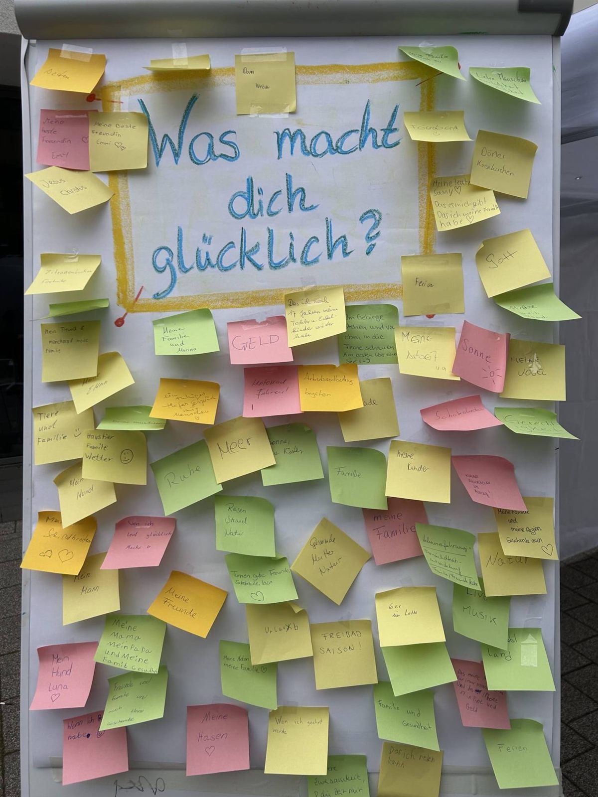 Flipchart mit der Frage „Was macht dich glücklich?“, rundherum viele beschriftete Klebezettel