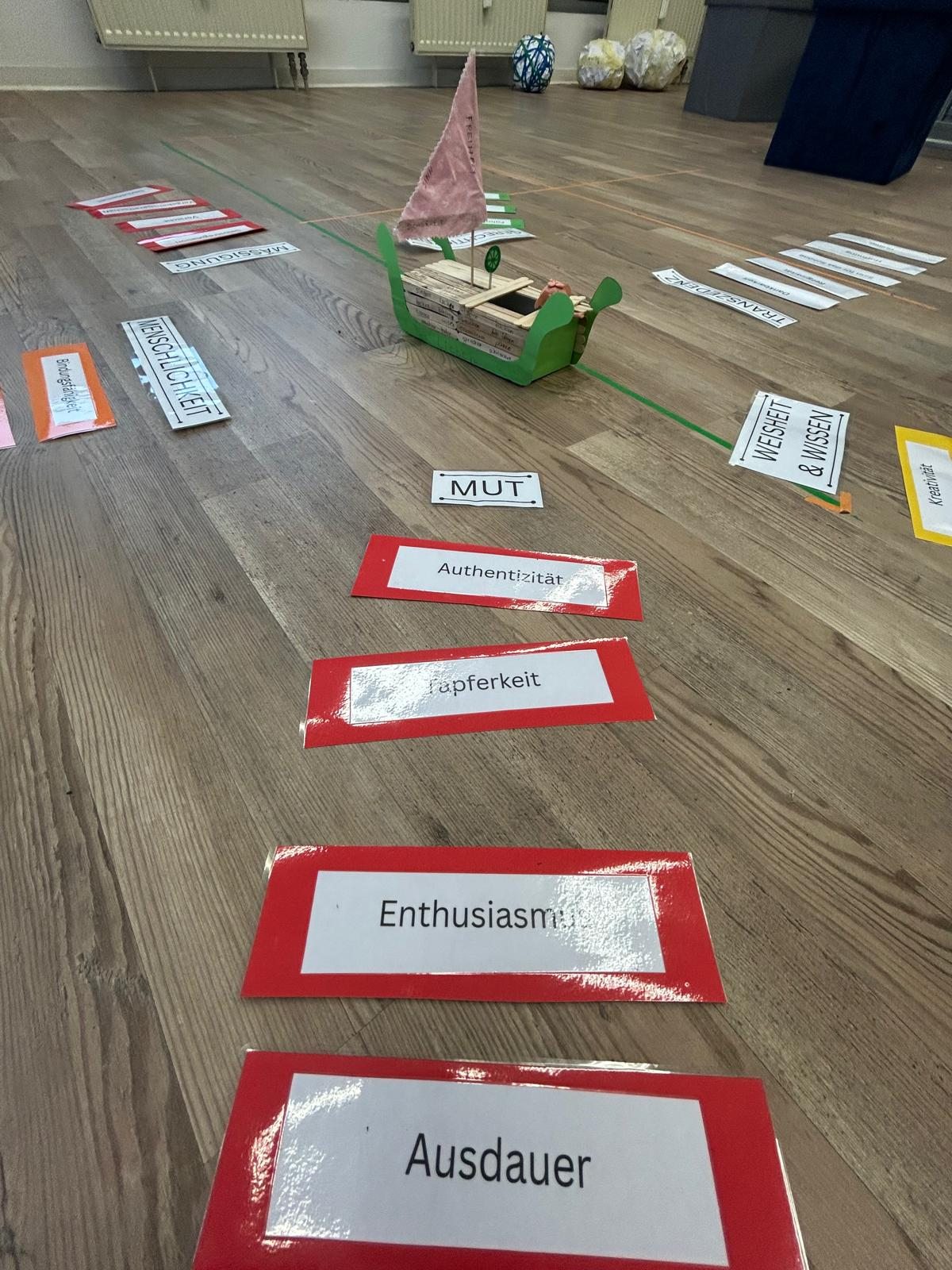 Stärkenweg aus Workshop-Karten wie Mut, Authentizität und Tapferkeit, dahinter ein selbst gebautes Boot